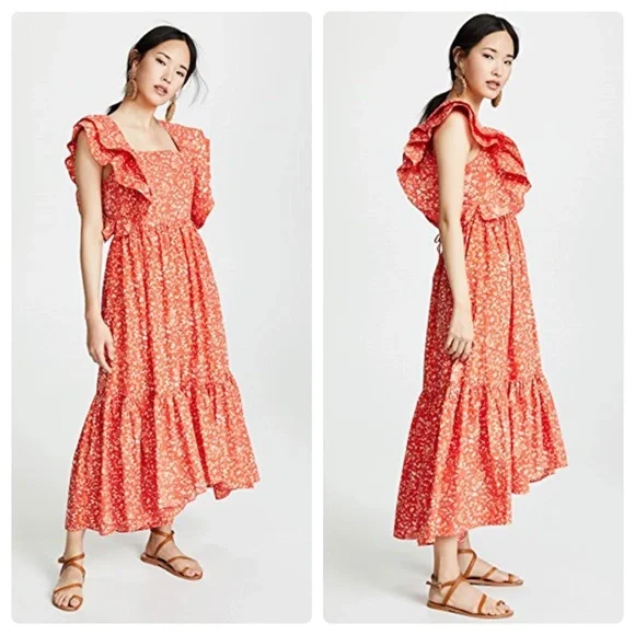 Ulla Johnson Freida Dress Printed Cotton Coral Batik Orange Size 2 - Picture 1 of 12